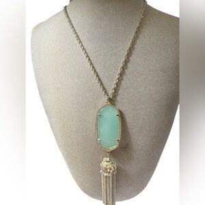 Kendra Scott Rayne Mint Green Gold Tone Necklace Chain 32" Pendant Tassel